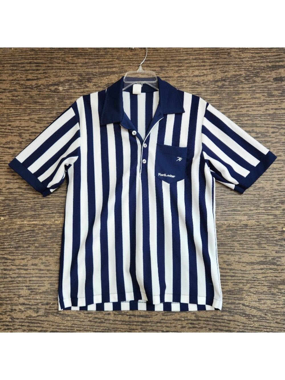 Vintage 70s FootLocker Employee Dagger Collar Striped Navy Shirt Sz Large USA